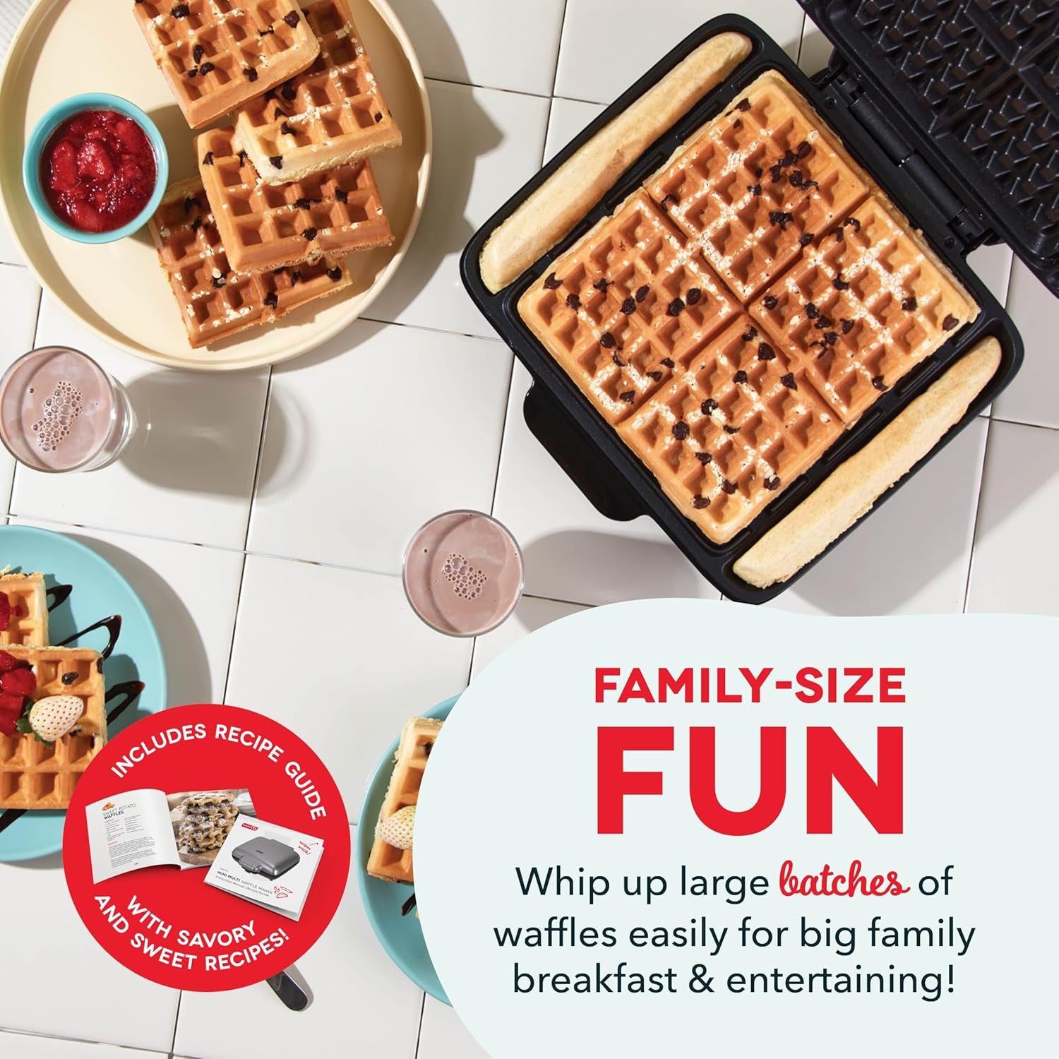 Deluxe No-Drip Waffle Iron Maker Machine 1200W + Hash Browns, or Any Breakfast, Lunch, & Snacks with Easy Clean, Non-Stick + Mess Free Sides, Red