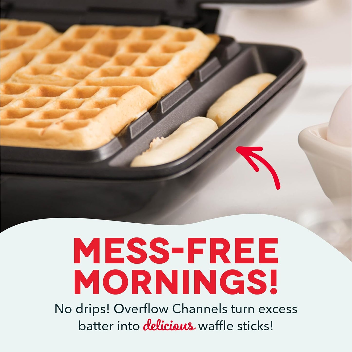 Deluxe No-Drip Waffle Iron Maker Machine 1200W + Hash Browns, or Any Breakfast, Lunch, & Snacks with Easy Clean, Non-Stick + Mess Free Sides, Red