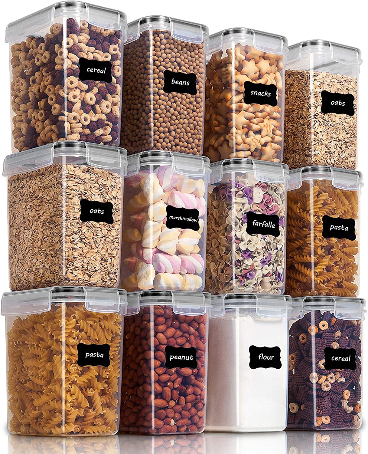 Airtight Food Storage Containers 12 Pieces 1.5Qt / 1.6L- Plastic BPA Free Kitchen Pantry Storage Containers for Sugar, Flour and Baking Supplies - Dishwasher Safe - Include 24 Labels, Black