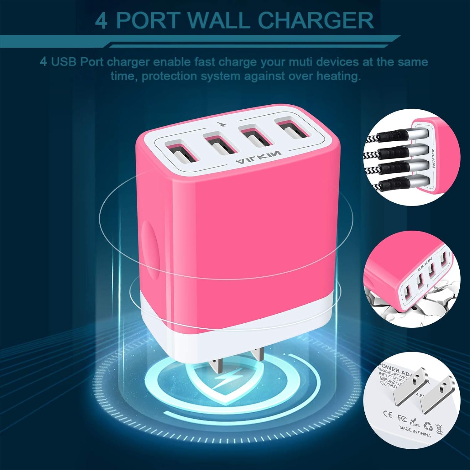 Wall Charger, USB Charger Adapter,  4.8A 4Multi Port Fast Charging Station Power Base Block Plug Cube Brick for Iphone, Ipad, Samsung Galaxy, Moto, Google Pixel, Kindle Fire Plug Cargador Carro