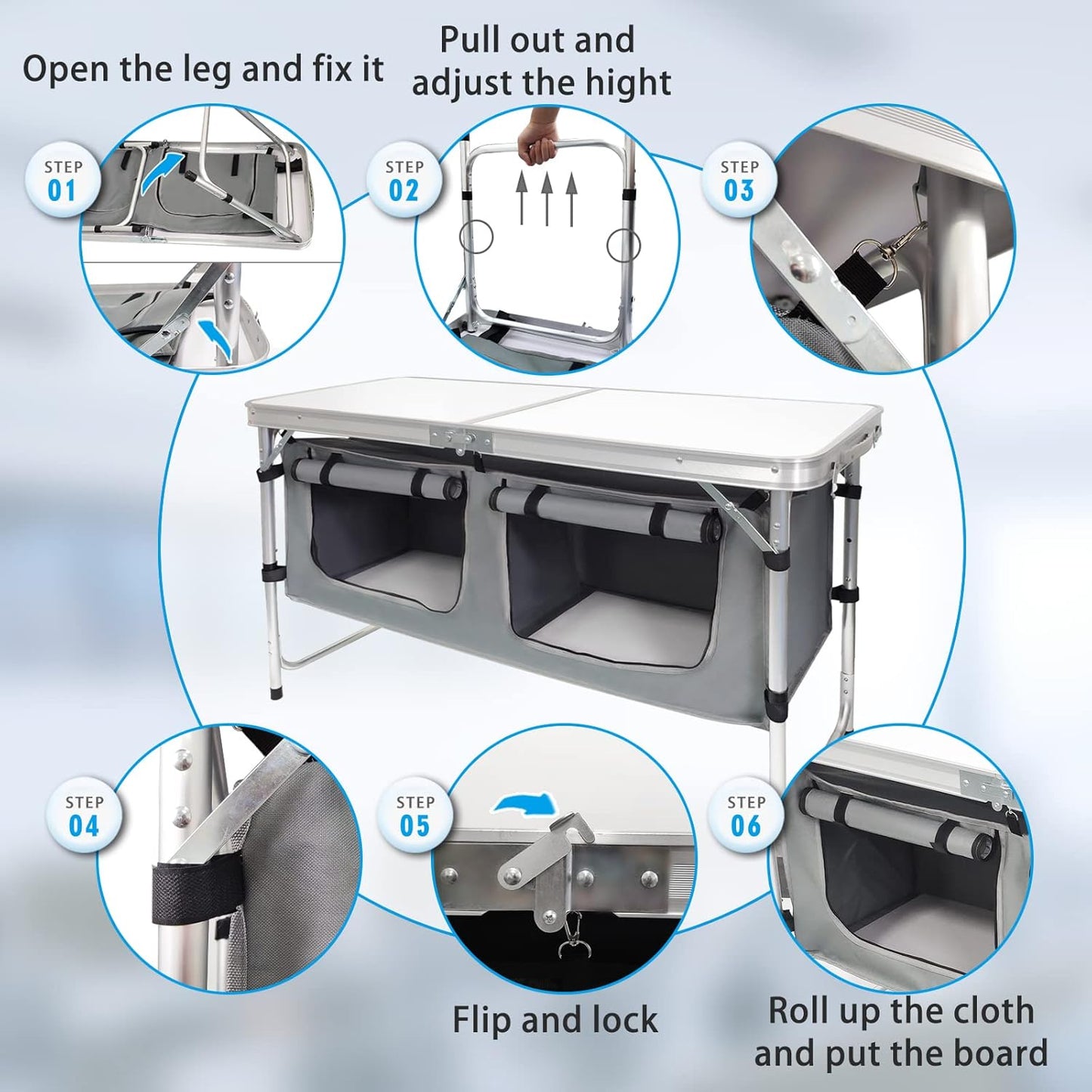 Folding Camping Table with Storage Aluminum Lightweight Camp Table Height Adjustable Picnic Tables for Outdoors Portable Foldable Beach Table Perfect for Tailgating, Travel, Backyards, BBQ, Party