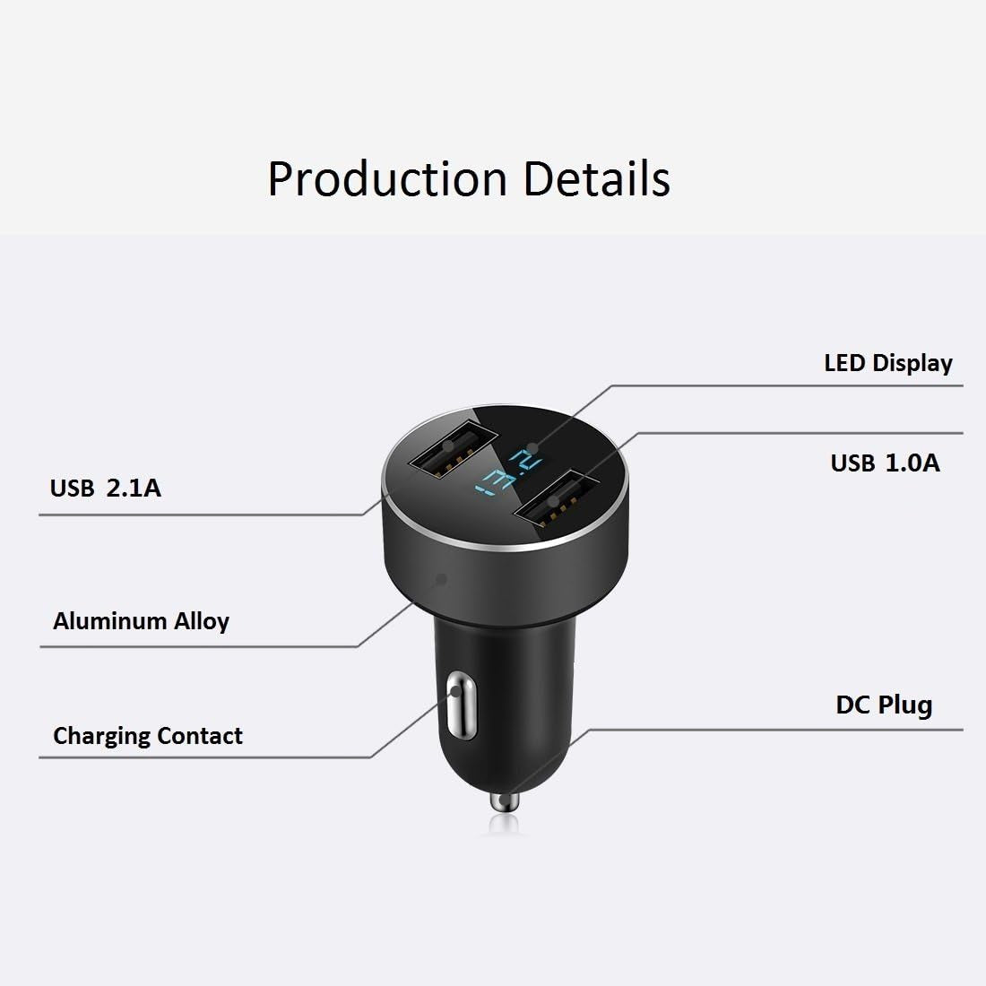 Dual USB Car Charger, 4.8A Output, 12/24 Volt USB Adapter Plug for Cigarette Lighter Voltage Meter, Compatible with Iphone,Ipad, Samsung Galaxy, LG, Google, Black