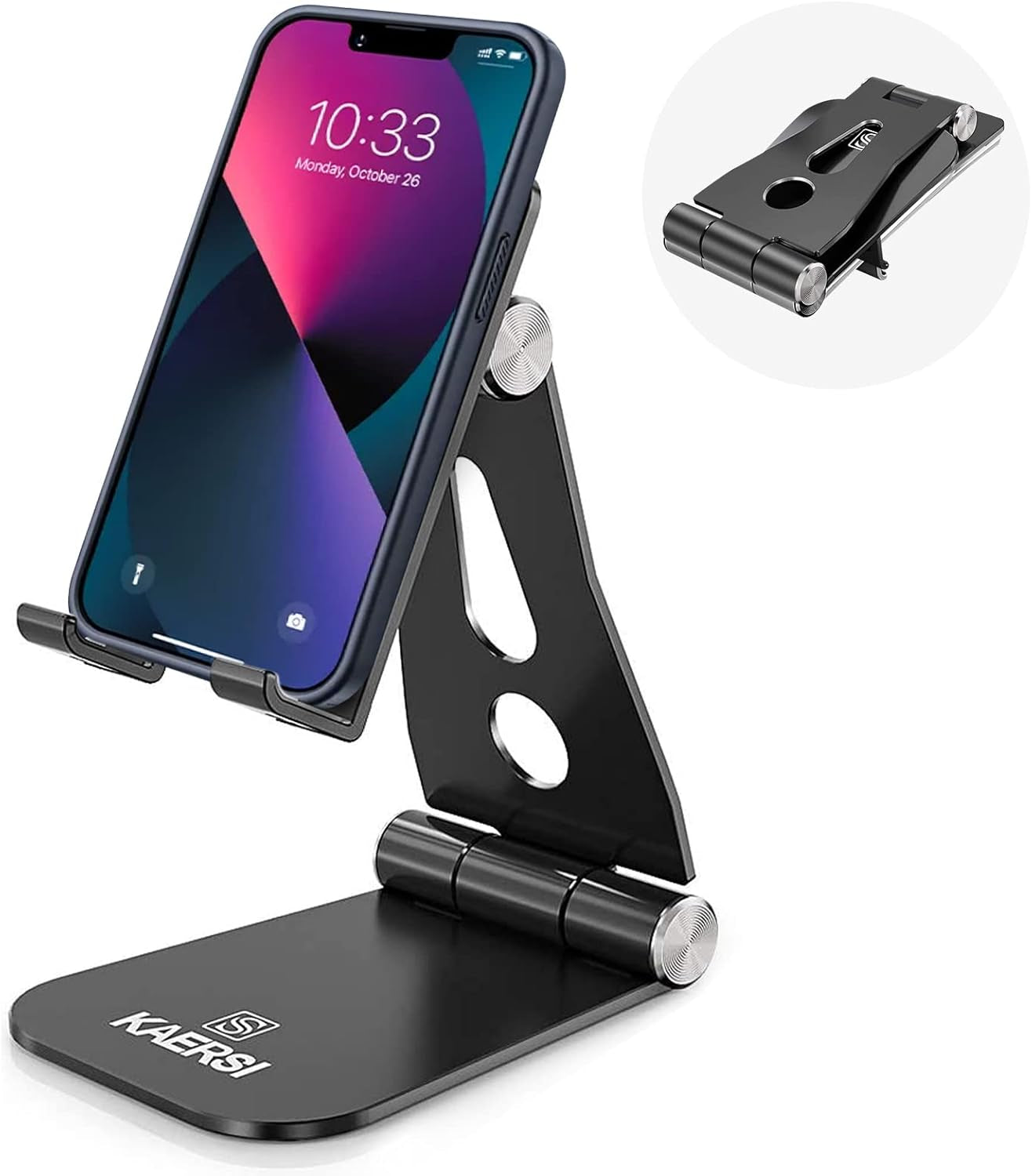 Cell Phone Stand, 2 Hinge Adjustable, Foldable Phone Stand Holder Cradle Dock for Desk, Home, Office, Travel. Compatible with Smartphone Android, Iphone 11 Xs XR 8 7 Plus, Tablet Ipad (Black)