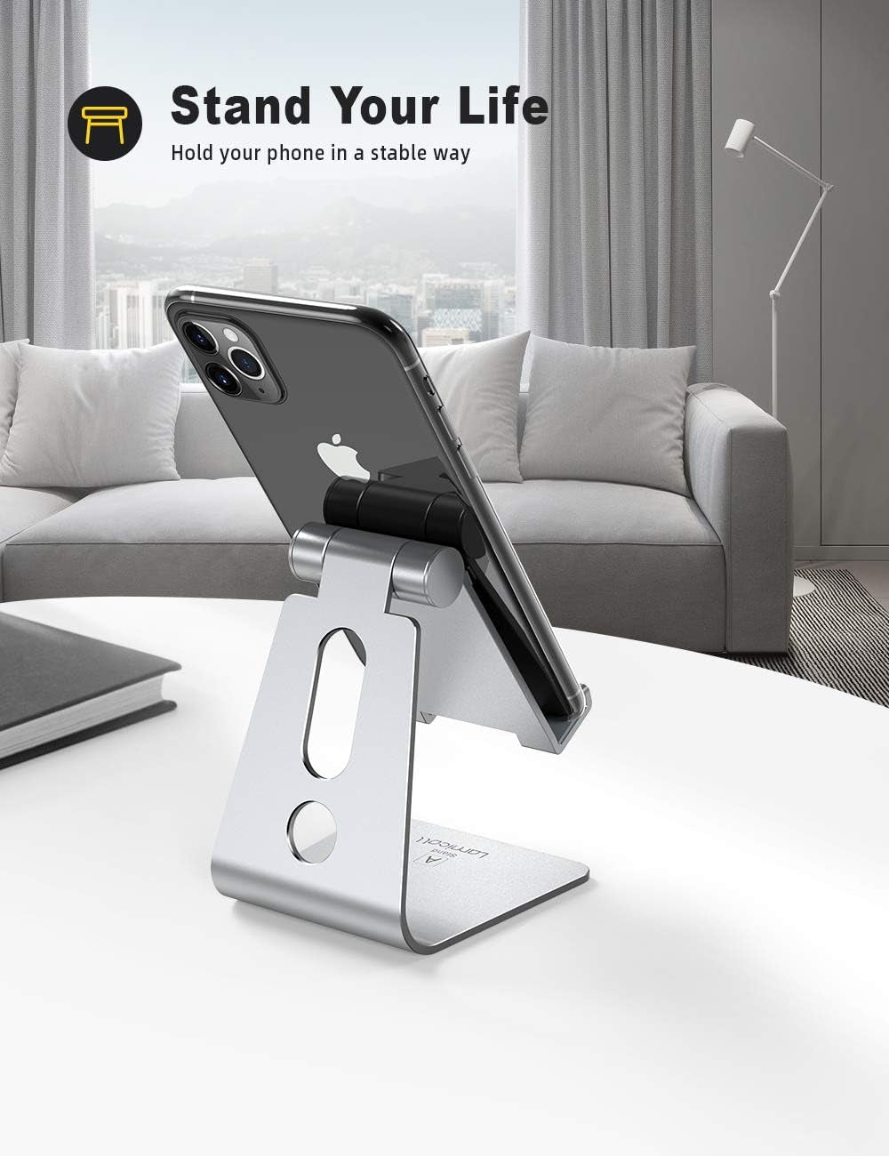 Adjustable Cell Phone Stand Phone Desk Holder, Cradle, Dock, Mobile Smartphone Stand, Compatible with Phone 12 Mini 11 Pro Xs Max XR X 8 7 6 plus SE Charging, Desktop Accessories - Silver