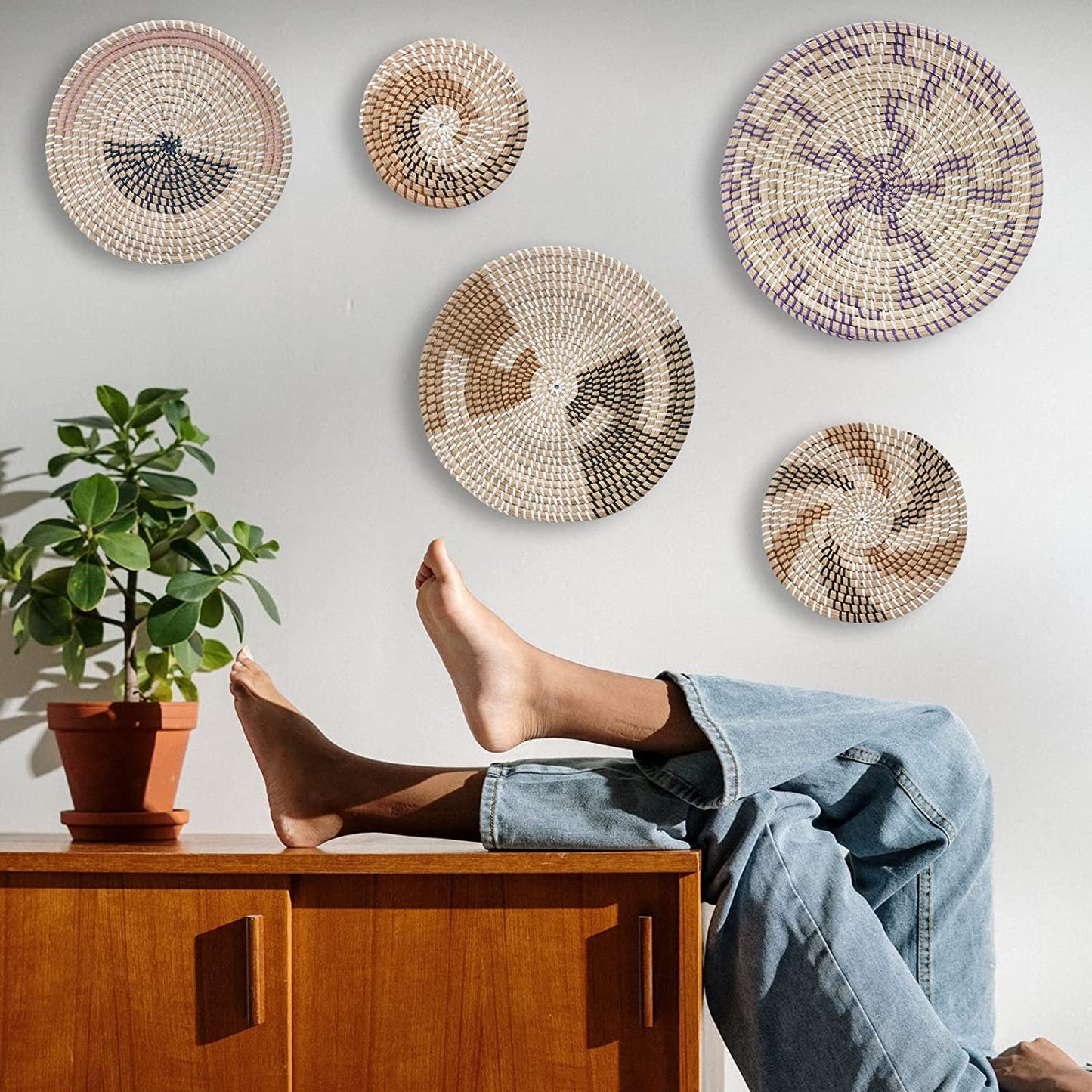 Wall Basket Decor, Set of 5 Woven Basket Wall Decor, Handmade Hanging Wall Basket for Living Room or Bedroom, Unique Boho Wall Art.