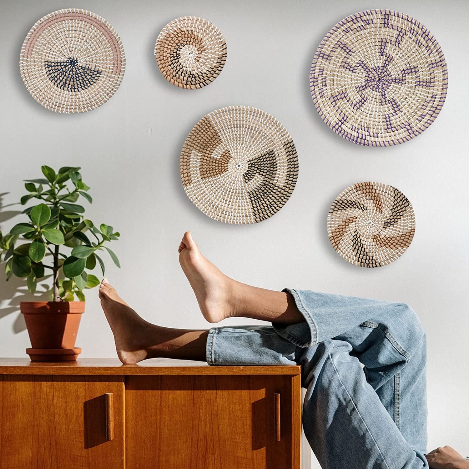 Wall Basket Decor, Set of 5 Woven Basket Wall Decor, Handmade Hanging Wall Basket for Living Room or Bedroom, Unique Boho Wall Art.