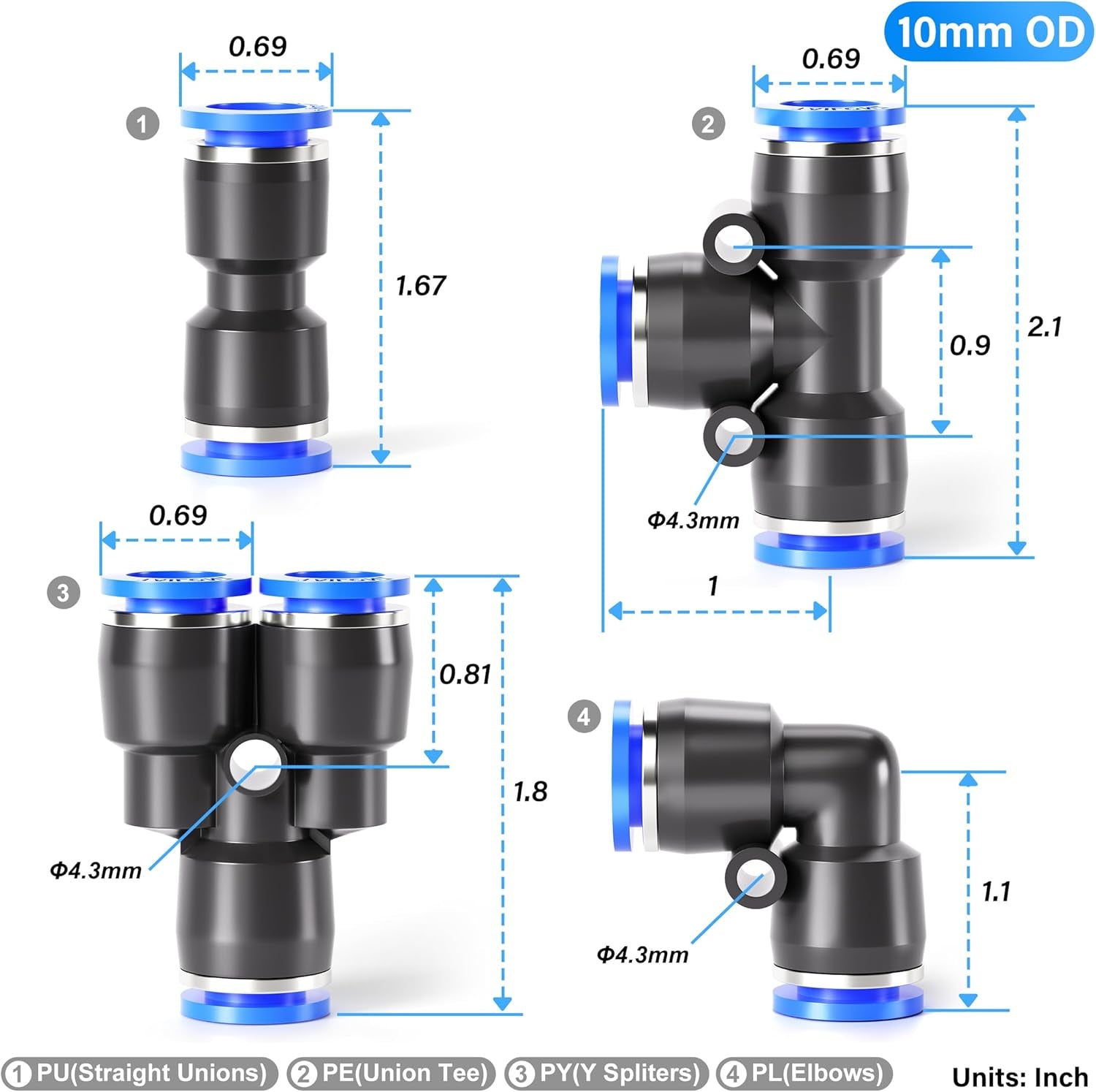 10Mm Od Push to Connect Fittings Pneumatic Fittings Kit 5 Spliters+5 Elbows+5 Tee+5 Straight (20 Pcs)