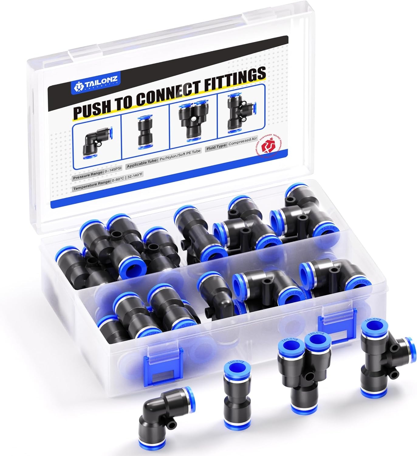 10Mm Od Push to Connect Fittings Pneumatic Fittings Kit 5 Spliters+5 Elbows+5 Tee+5 Straight (20 Pcs)