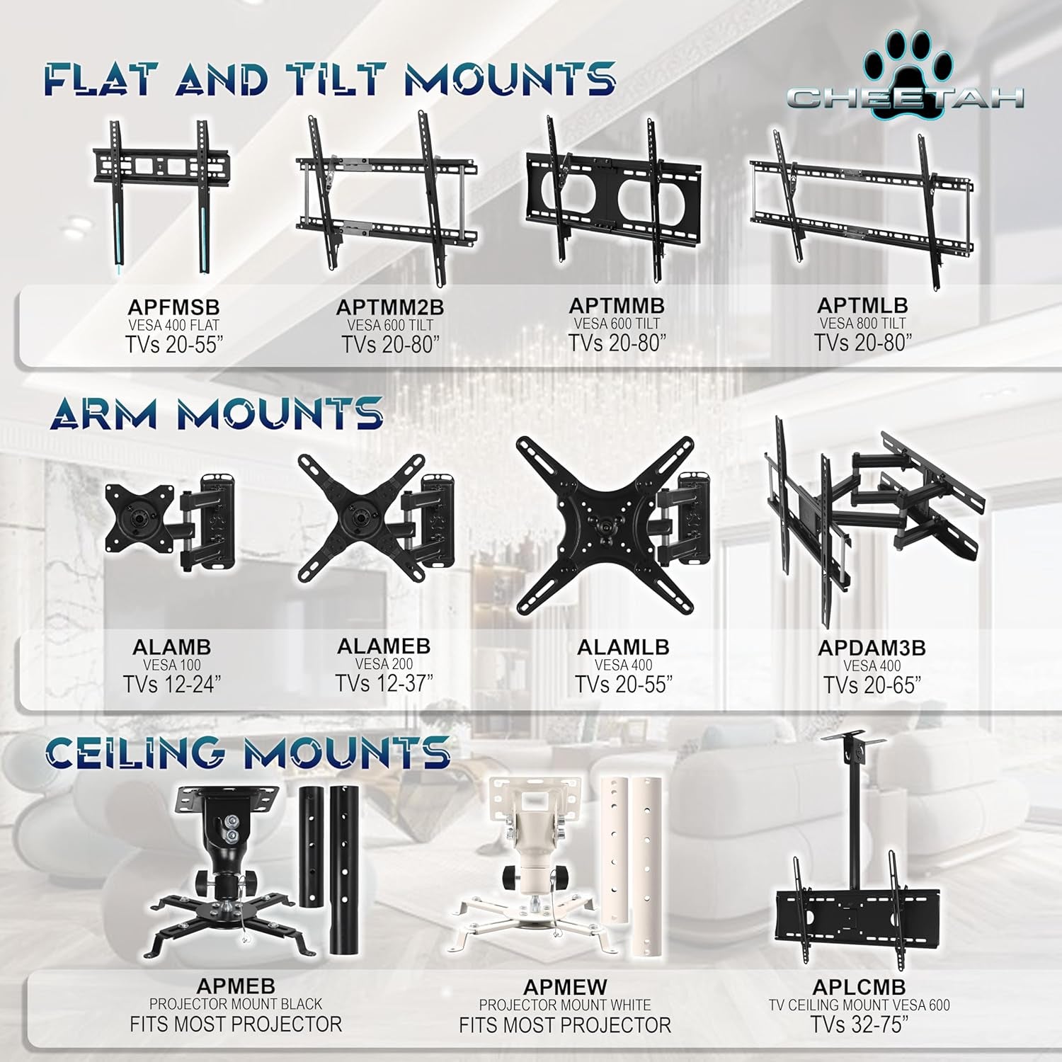 APTMM2B Tilt TV Wall Mount, Fits 32-80" Tvs, Newer Displays up to 100", 165Lbs and VESA 600, Low 1.3" Profile, Fits 24" Studs, Universal LCD LED Curved or Flat Screen Tilting Mounting Bracket