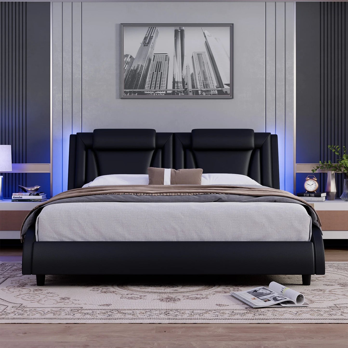 King Size LED Bed Frame, PU Leather Upholstered Curved Platform Bed Frame with Adjustable Headboard, Black