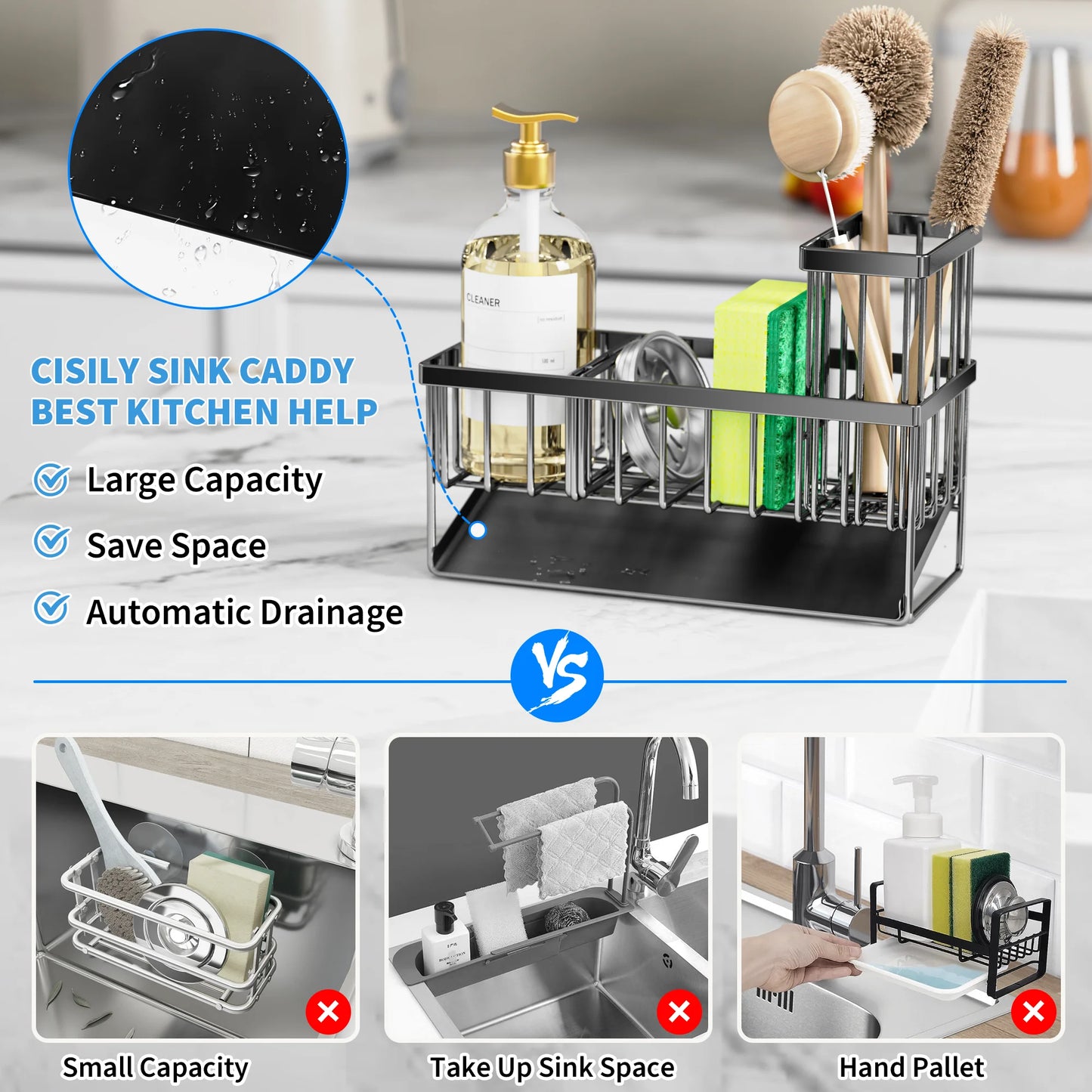 Sink Caddy,Kitchen Sponge Holder,Waterproof and Rustproof Black Kitchen Accessory