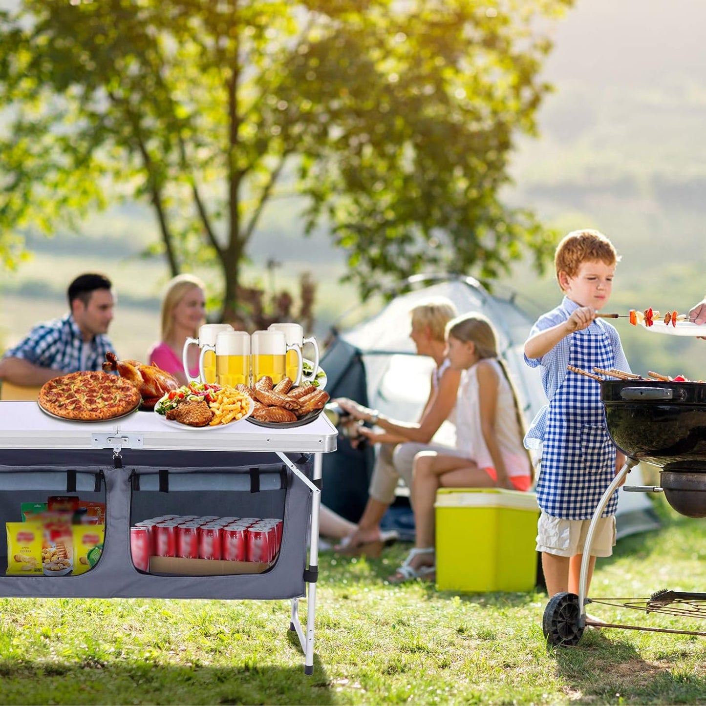 Folding Camping Table with Storage Aluminum Lightweight Camp Table Height Adjustable Picnic Tables for Outdoors Portable Foldable Beach Table Perfect for Tailgating, Travel, Backyards, BBQ, Party