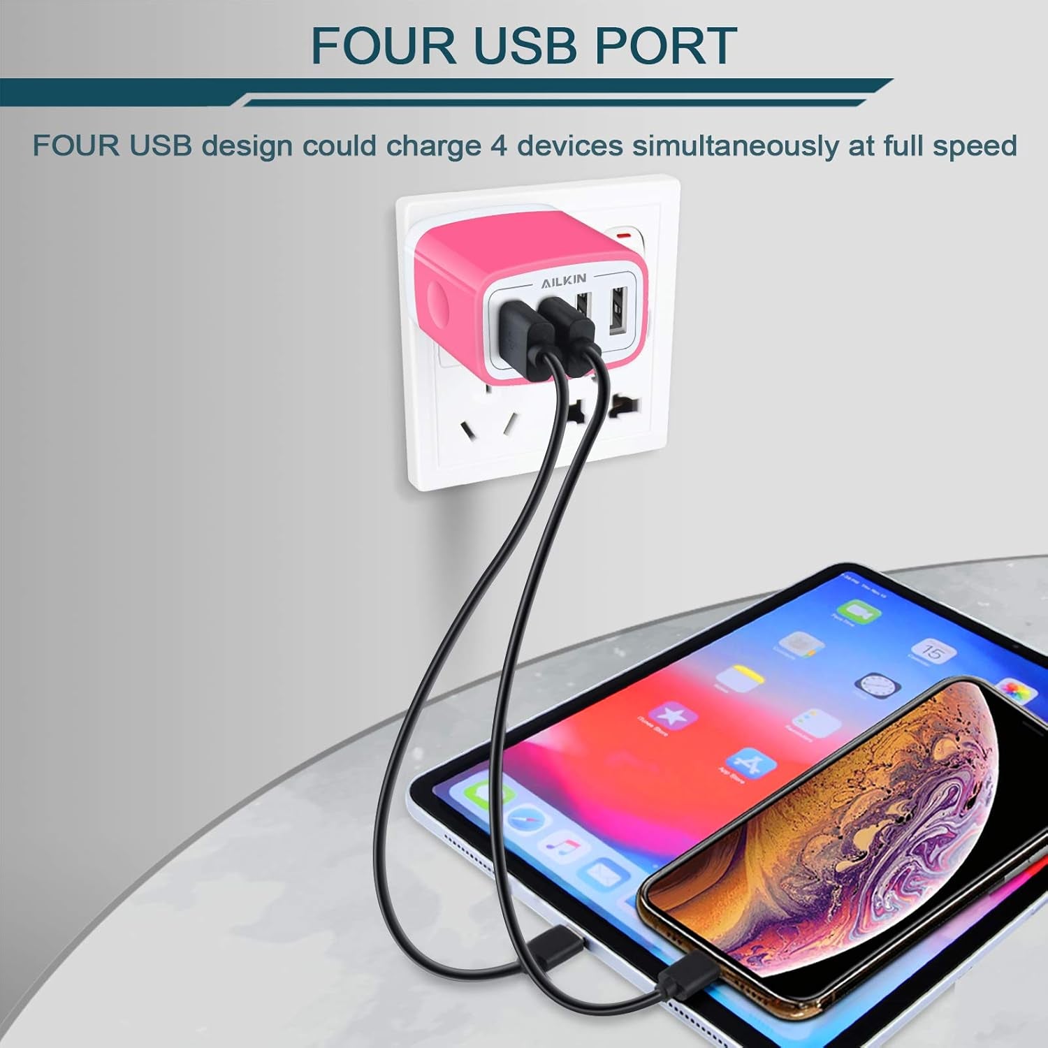 Wall Charger, USB Charger Adapter,  4.8A 4Multi Port Fast Charging Station Power Base Block Plug Cube Brick for Iphone, Ipad, Samsung Galaxy, Moto, Google Pixel, Kindle Fire Plug Cargador Carro