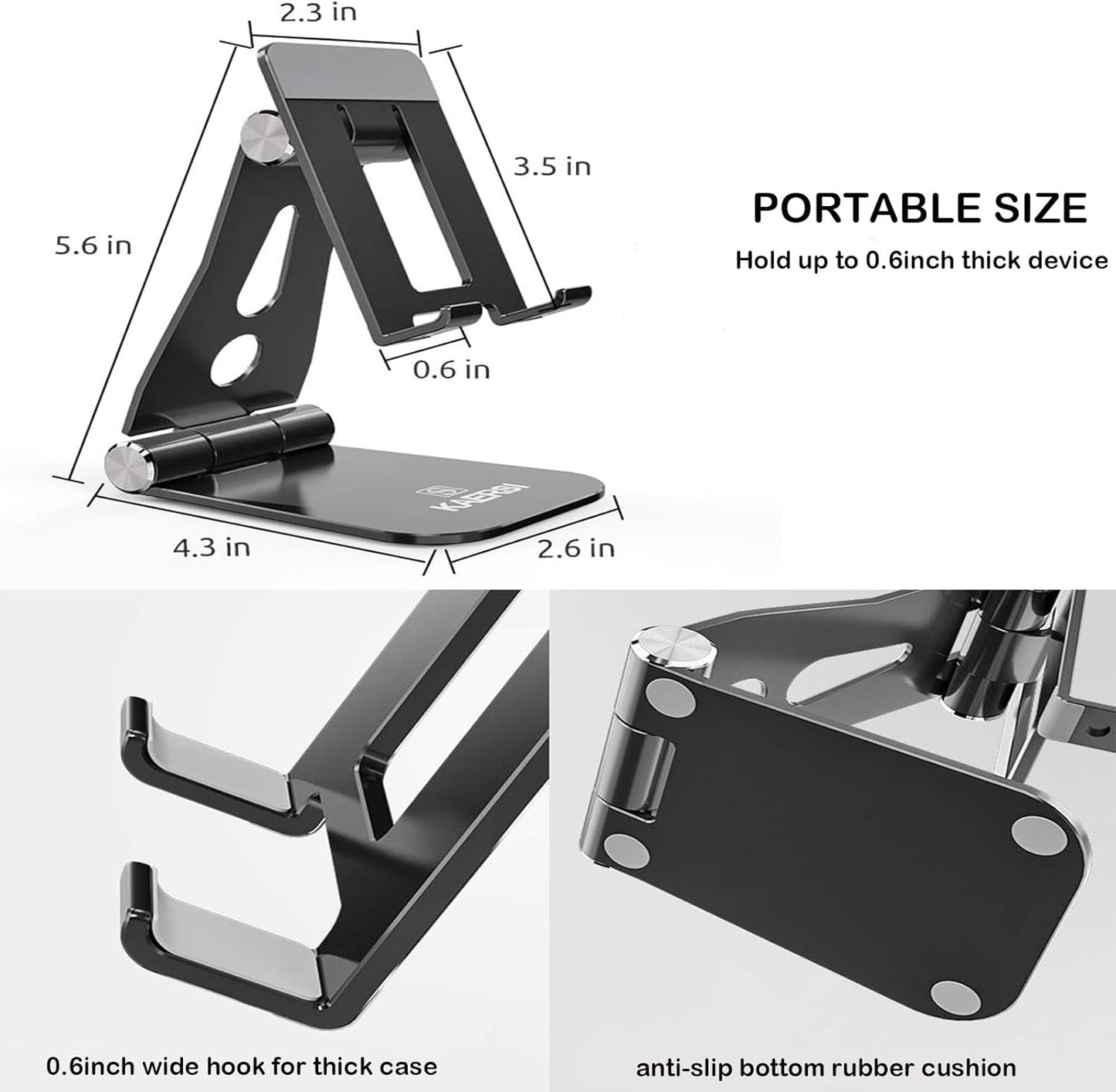 Cell Phone Stand, 2 Hinge Adjustable, Foldable Phone Stand Holder Cradle Dock for Desk, Home, Office, Travel. Compatible with Smartphone Android, Iphone 11 Xs XR 8 7 Plus, Tablet Ipad (Black)