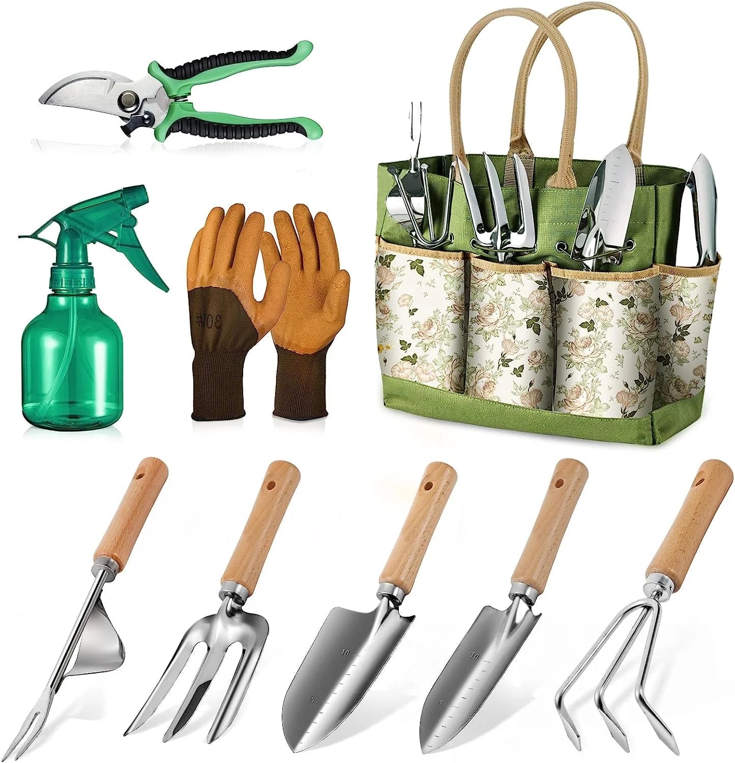 Garden Tool Set, 9 Piece Heavy Duty Gardening Hand Tools with Fashion and Durable Garden Tools Organizer Handbag,Rust-Proof Garden Tool Set, Ideal Gardening Gifts for Women and Men