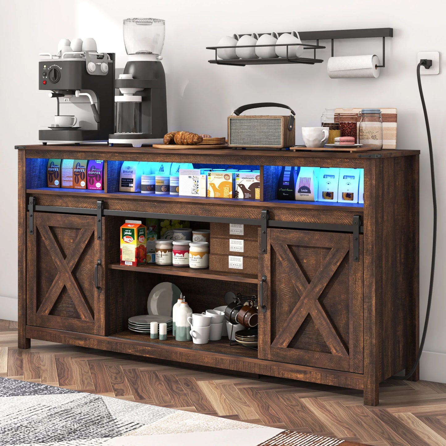 61.5" Farmhouse Coffee Bar Cabinet with LED Light & Power Outlets, Barn Door Sideboard Buffet Cabinet with 4 Tier Storage