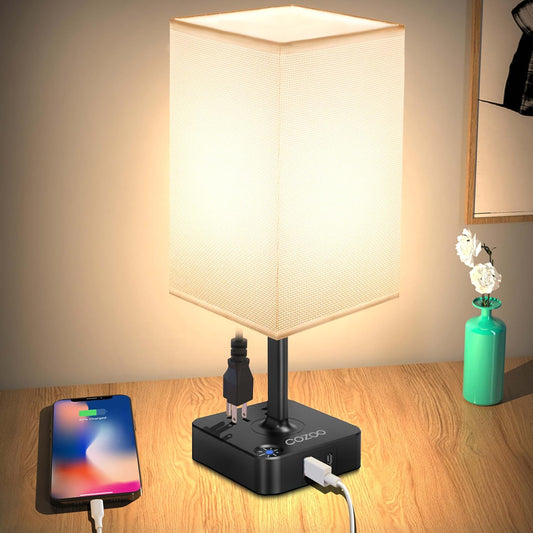 Table Lamp Dimmable  USB Bedside Table Desk Lamp with 2 USB Charging Port(A+C) 2 Outlet,Nightstand Lamp with Charger Base White Fabric Shade,Led Touch Lamp for Bedroom/Livingroom/Dorm/Home Office