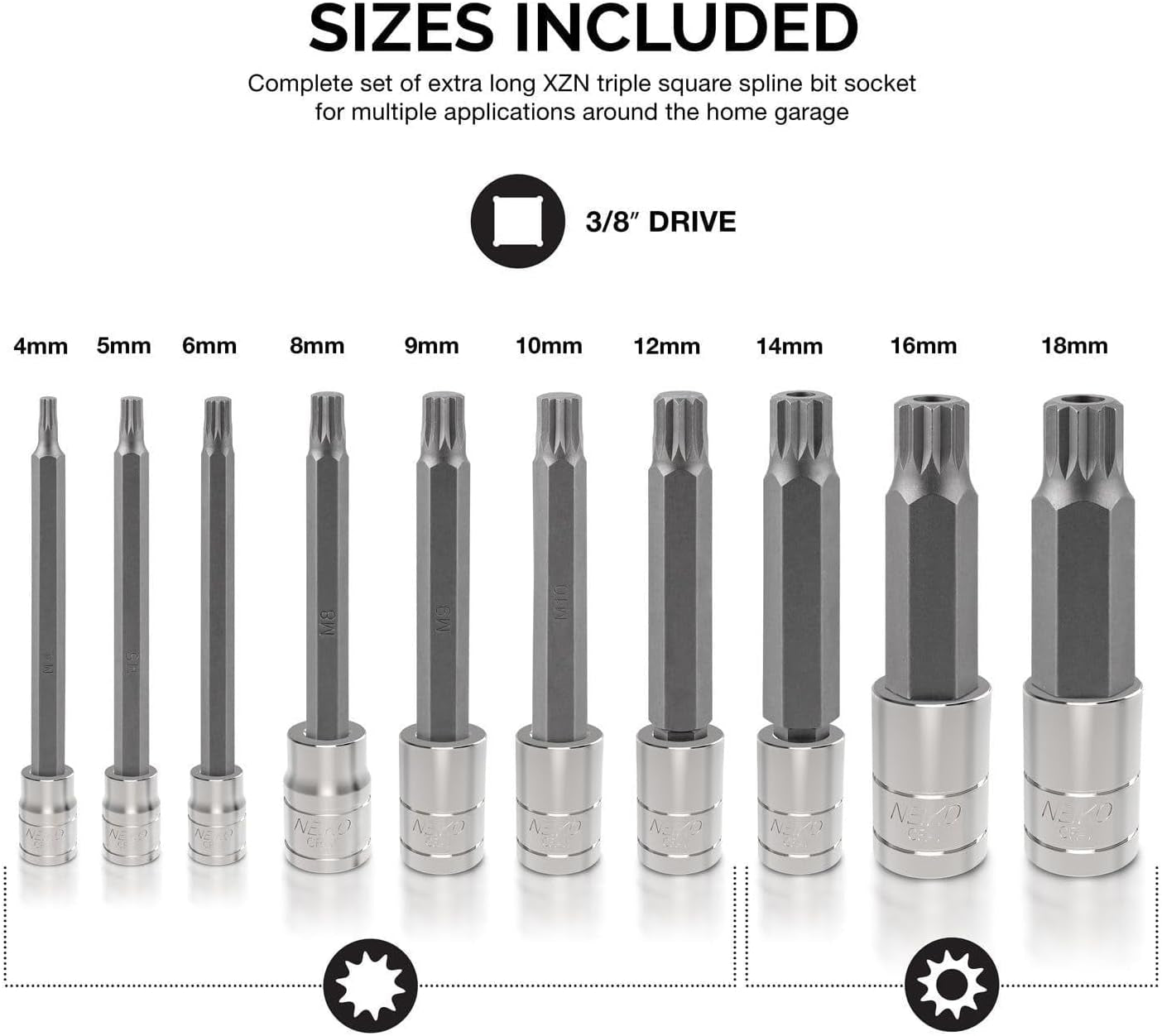 10054A XZN Triple Square Spline Bit Socket Set | Extra Long 4” | 4Mm to 18Mm | 10-Piece Set | S2 and Cr-V Steel