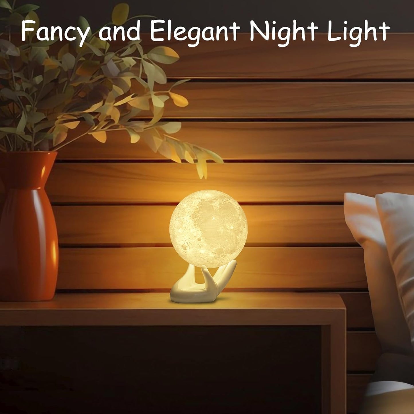 Moon Lamp, 3.5 Inch 3D Printing Lunar Lamp Night Light with White Hand Stand as Kids Women Girls Boy Birthday Gift, USB Charging Touch Control Brightness Two Tone Warm Cool White