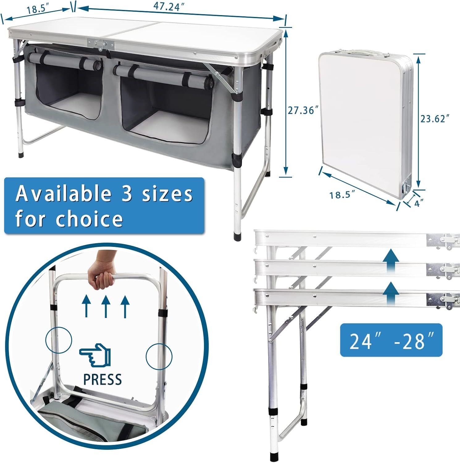 Folding Camping Table with Storage Aluminum Lightweight Camp Table Height Adjustable Picnic Tables for Outdoors Portable Foldable Beach Table Perfect for Tailgating, Travel, Backyards, BBQ, Party