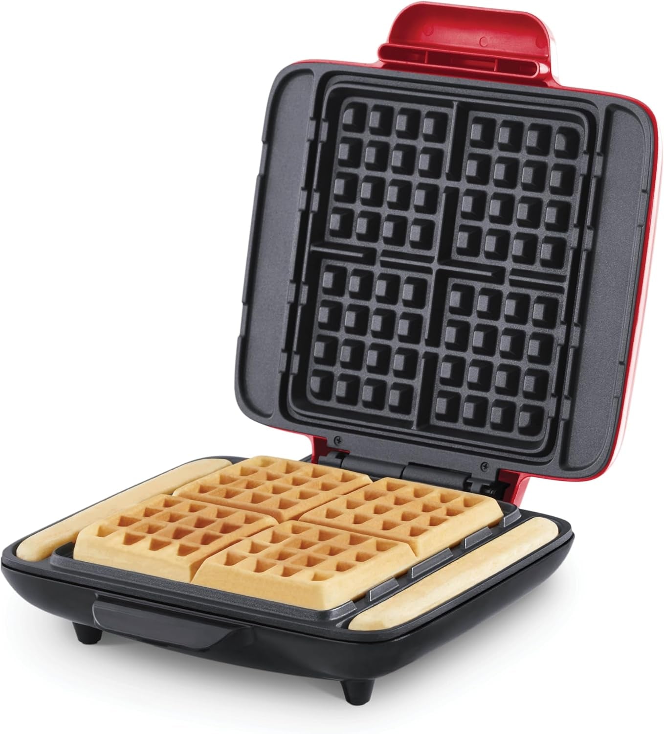 Deluxe No-Drip Waffle Iron Maker Machine 1200W + Hash Browns, or Any Breakfast, Lunch, & Snacks with Easy Clean, Non-Stick + Mess Free Sides, Red