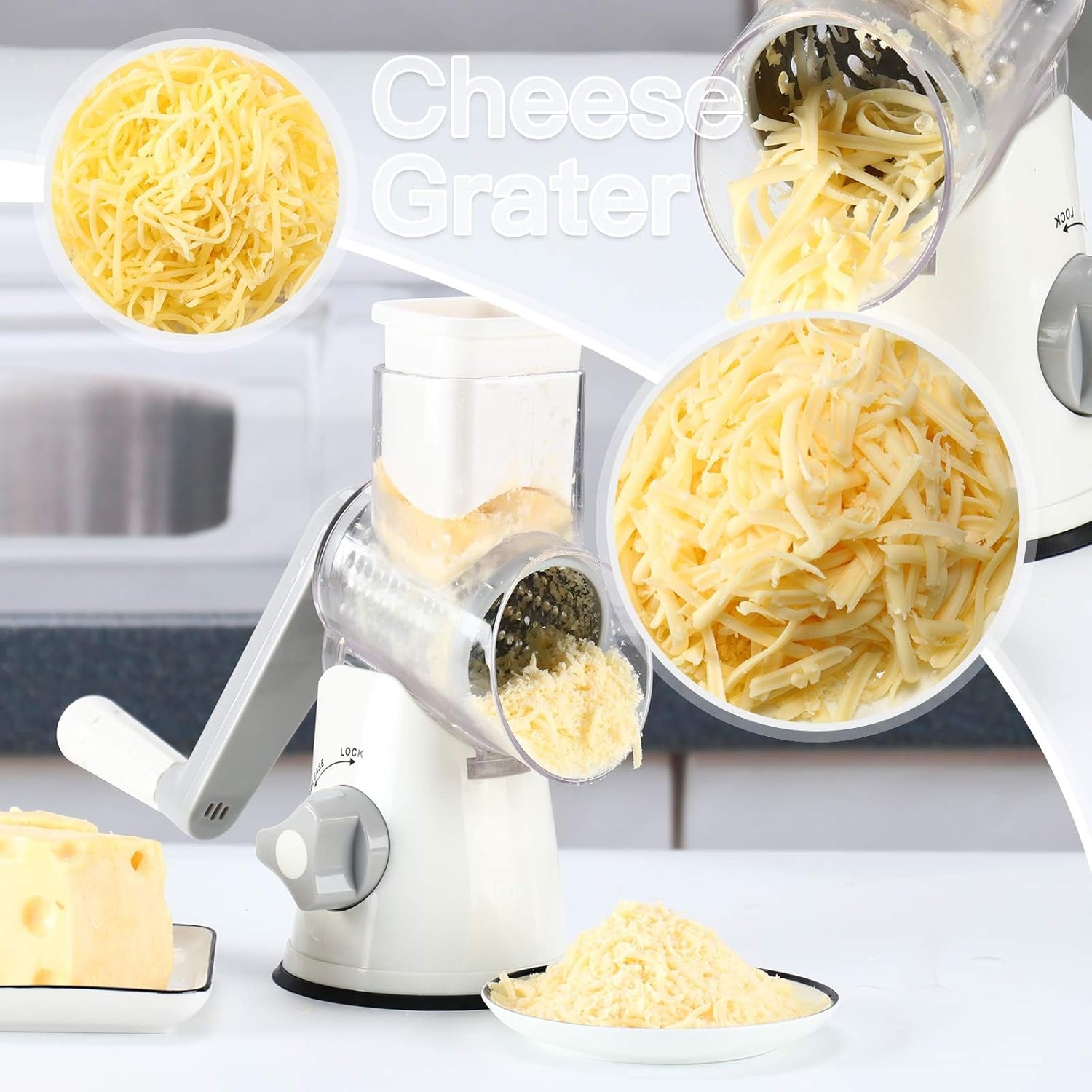 Cheese Grater Rotary Cheese Grater 3 Multi Blade Cheese Shredder Manual Vegetable Slicer with Non-Slip Suction Base Nuts Grinder Vegatable Shredder with Brush Peeler White