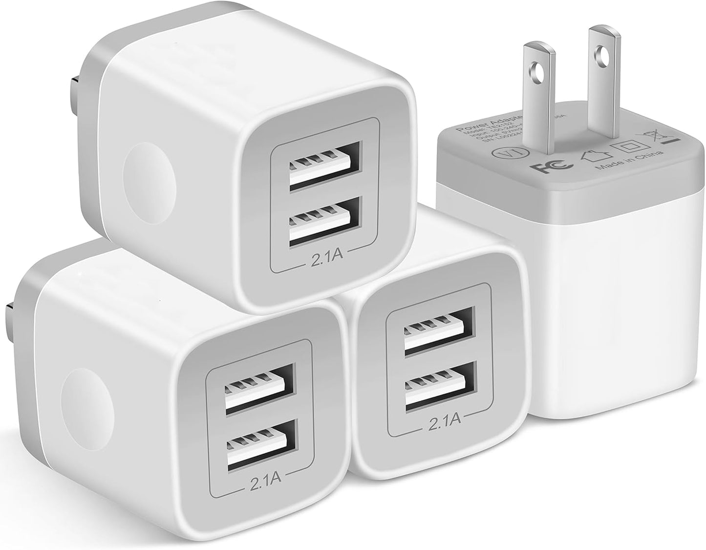 USB Wall Charger,4-Pack 2.1A Dual Port USB Cube Power Adapter Wall Charger Plug Charging Block Cube for Iphone 14/13/12/11/Pro Max/Xs/Xr/X/8/7/6 Plus, Pad, Samsung, LG, Moto, Android (White)