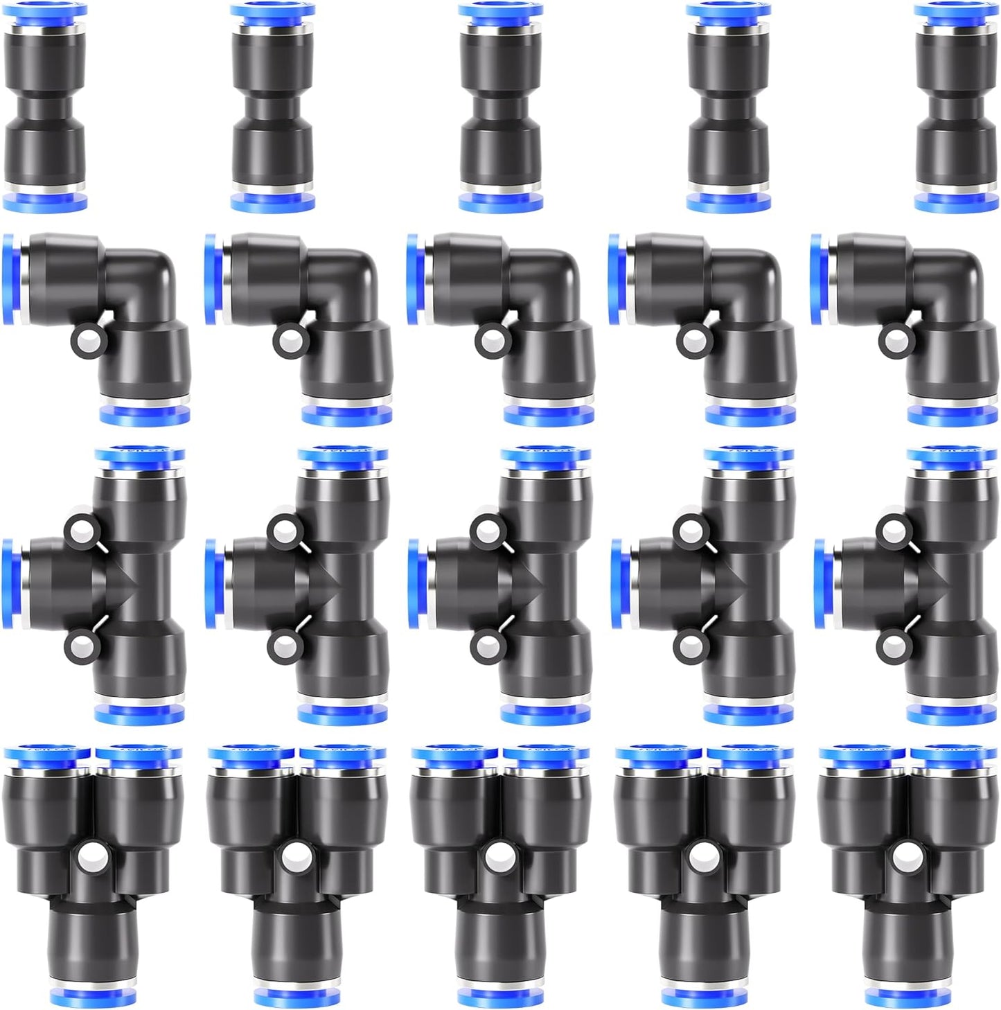 10Mm Od Push to Connect Fittings Pneumatic Fittings Kit 5 Spliters+5 Elbows+5 Tee+5 Straight (20 Pcs)