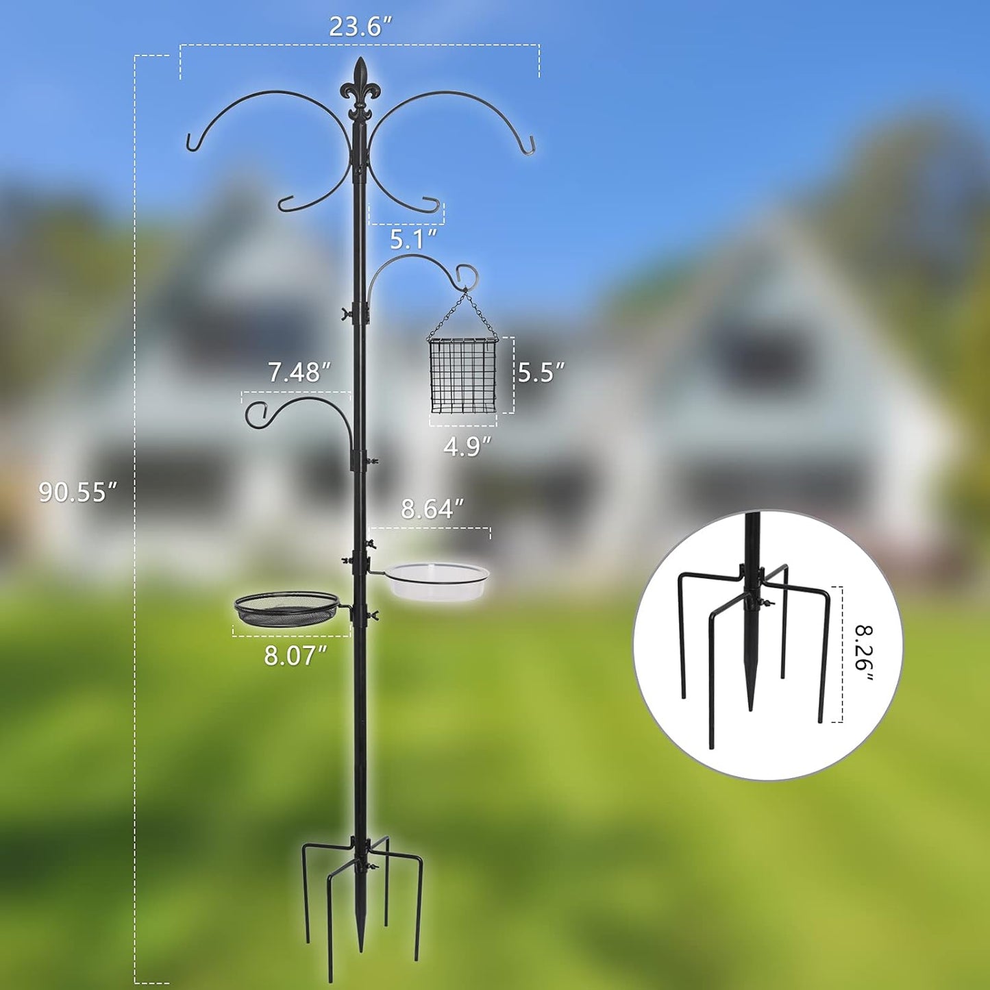 Deluxe Bird Feeding Station Kit 90.5 Inch, Bird Feeder Pole, Wild Bird Feeder Hanging Kit for Bird Watching, Bird Bath, Bird Feeder, Planter Hanger, 5 Prong Base, Black