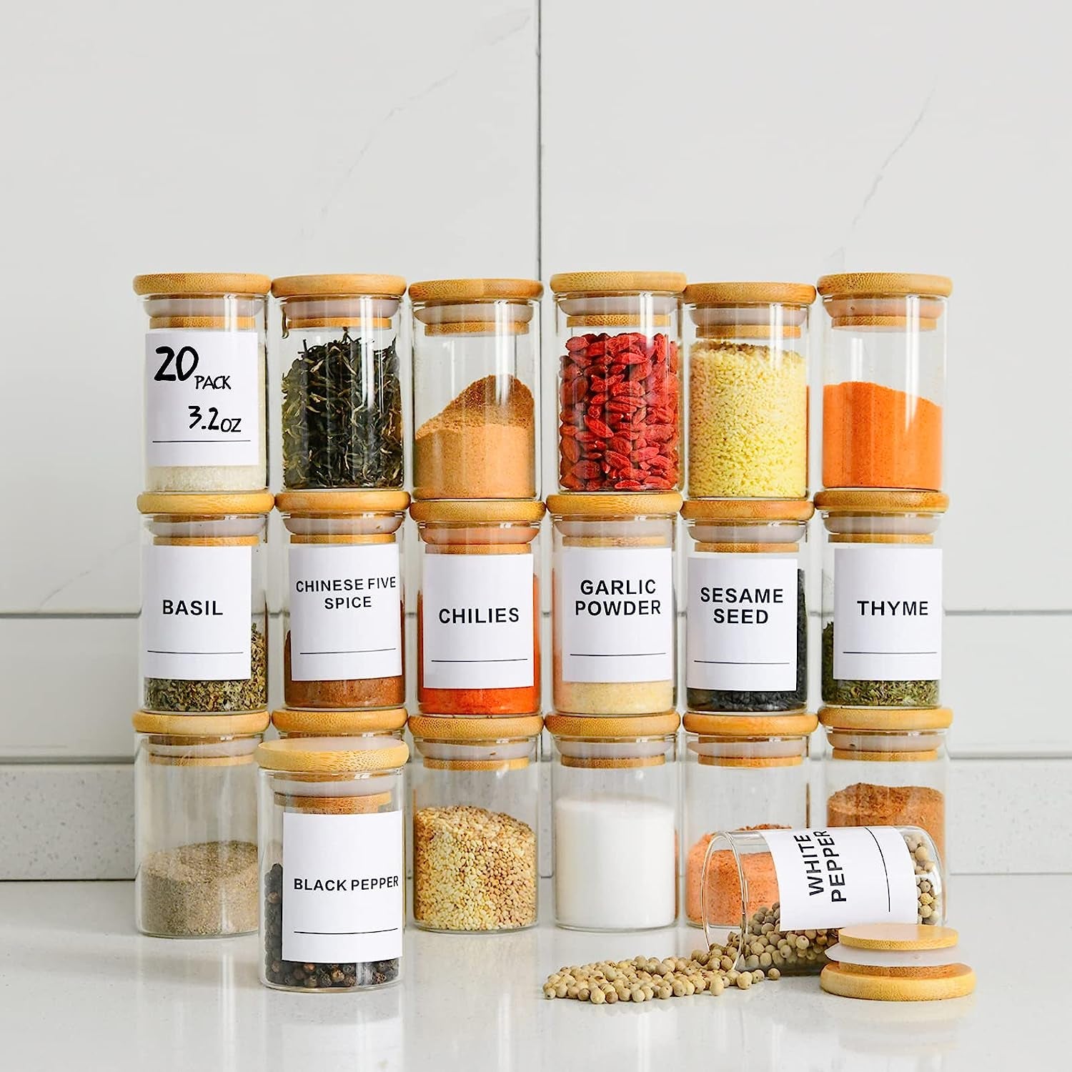 Glass Spice Jars Set of 20 - 3.2Oz (95Ml) Mini Spice Jar with Bamboo Airtight Lids and 180 Spice Jar Square Labels Preprinted, Thicken Seasoning Containers, Food Storage for Pantry, Tea, Herbs, Salt