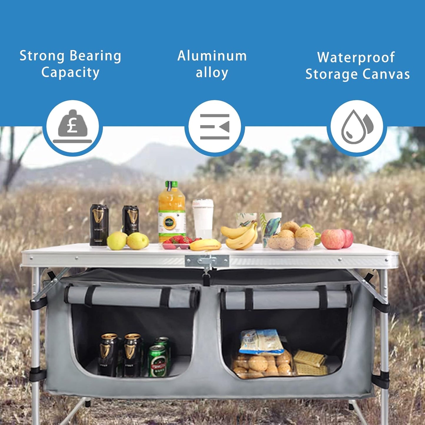 Folding Camping Table with Storage Aluminum Lightweight Camp Table Height Adjustable Picnic Tables for Outdoors Portable Foldable Beach Table Perfect for Tailgating, Travel, Backyards, BBQ, Party