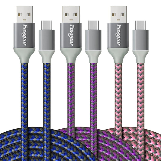 USB C to USB a Cables 3 Pack 10Ft Long 3A Fast Charging Type C 2.0 Charger Cord Nylon Braided Compatible with Galaxy S20 Note 10 S9 S8 A70 A60 A51/LG V20 G6/Moto G/PS 5 (Blue Purple Pink)