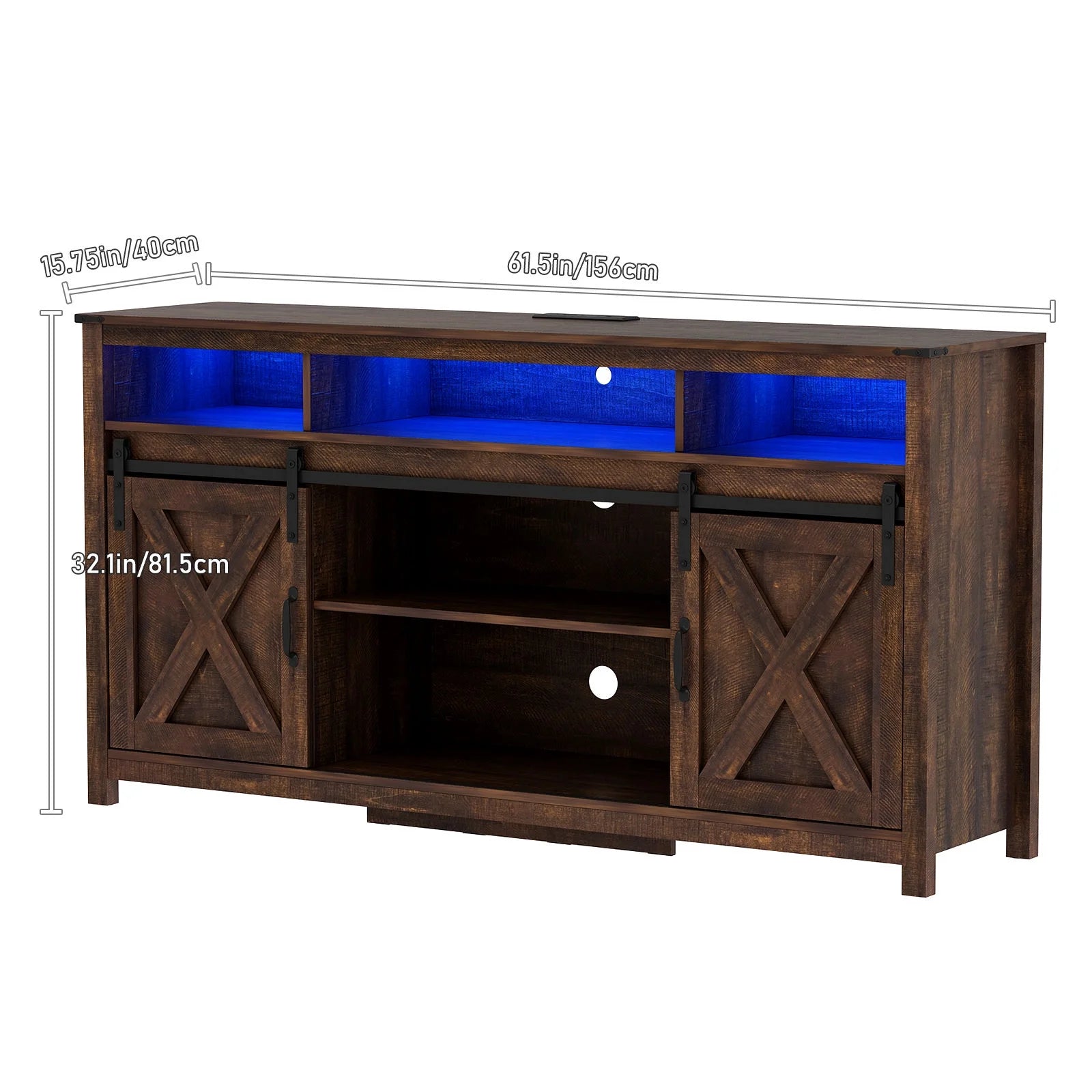 61.5" Farmhouse Coffee Bar Cabinet with LED Light & Power Outlets, Barn Door Sideboard Buffet Cabinet with 4 Tier Storage