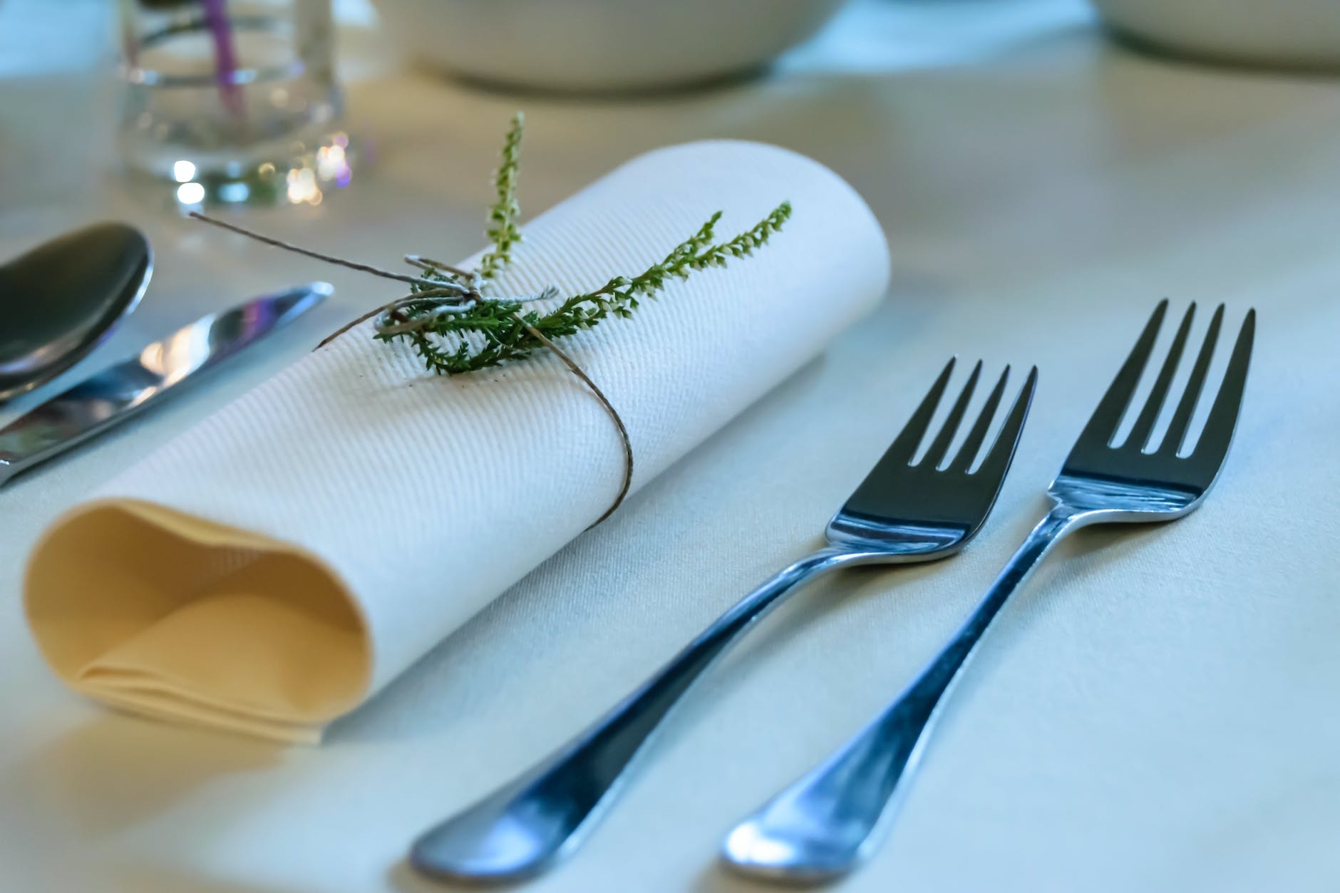 stainless steel fork beside rolled paper towel with parsley on top