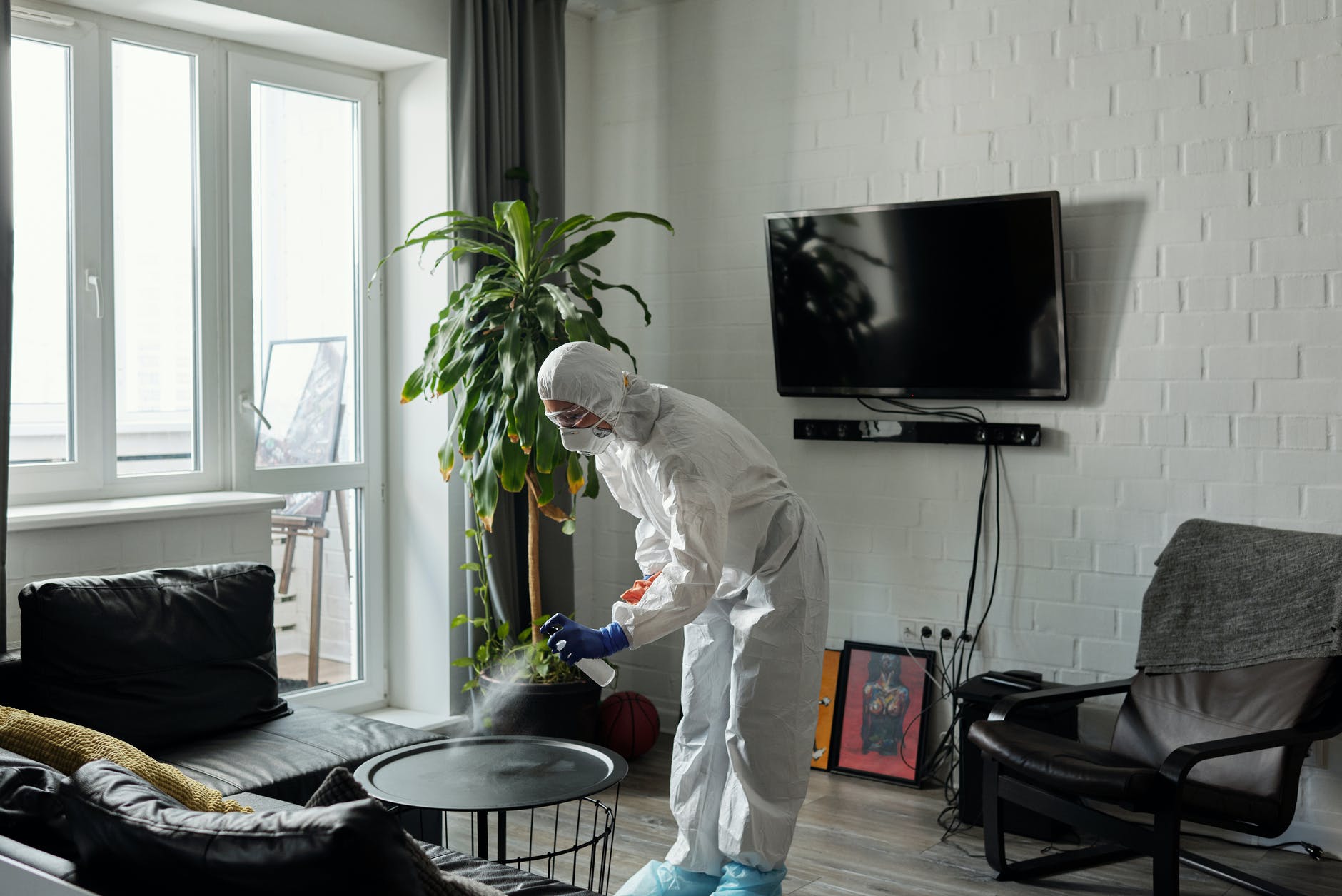 person cleaning the living room