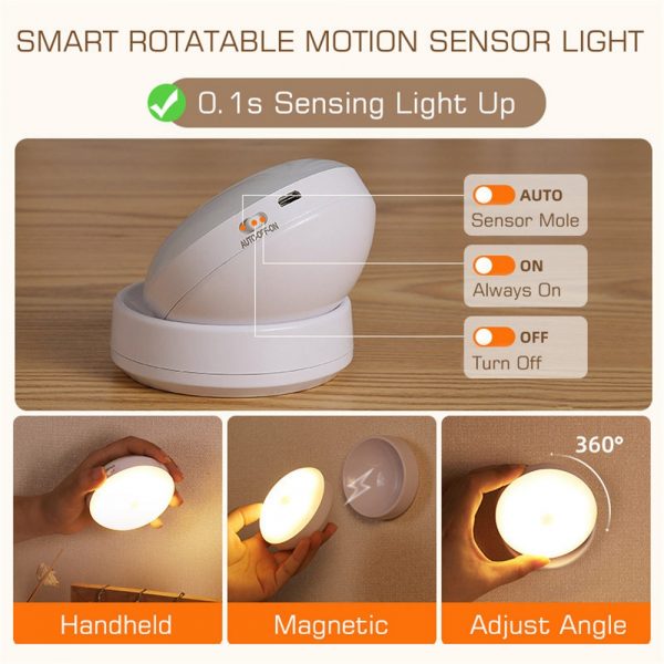 360 Rotated PIR Motion Sensor Night Light Led Wall Lamps Rechargeable Auto On Off Under Cabinet 1