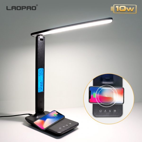 LAOPAO 10W QI Wireless Charging LED Desk Lamp With Calendar Temperature Alarm Clock Eye Protect Study