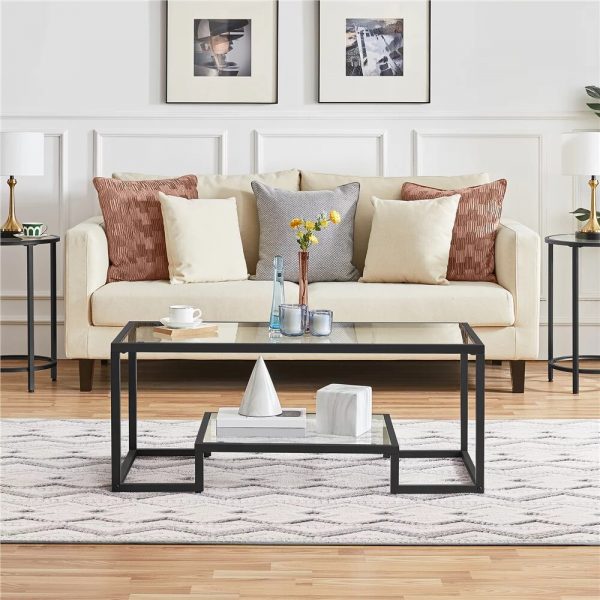 Modern Glass Coffee Table with Metal Frame Black End Tables for Living Room 2