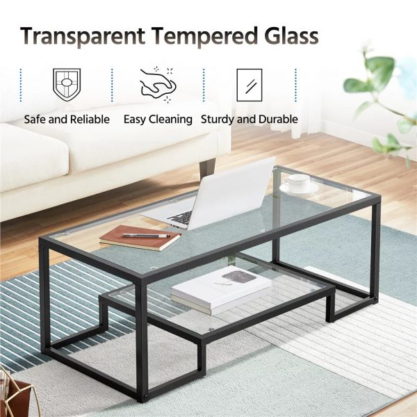 Modern Glass Coffee Table with Metal Frame Black End Tables for Living Room 4