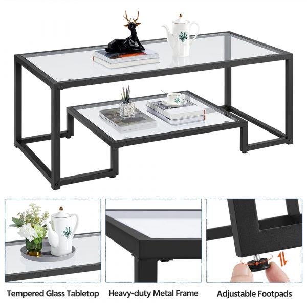 Modern Glass Coffee Table with Metal Frame Black End Tables for Living Room 5