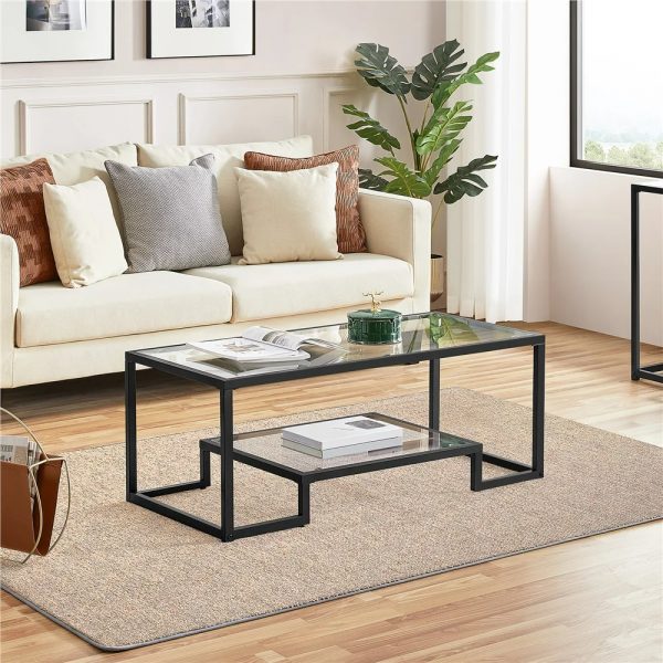 Modern Glass Coffee Table with Metal Frame Black End Tables for Living Room