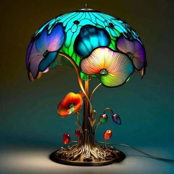 Vintage Stained Glass Plant Series Table Lamps Mushroom Snail Octopus Resin Colorful Ornament Desk Decoration Flower 2