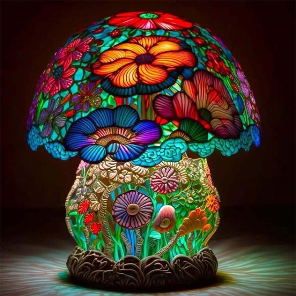 Vintage Stained Glass Plant Series Table Lamps Mushroom Snail Octopus Resin Colorful Ornament Desk Decoration Flower